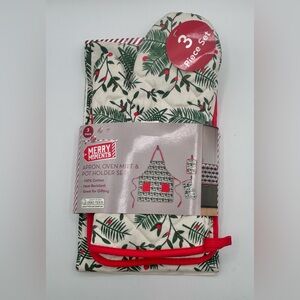 Christmas Holly Berry Kitchen Apron 3-pc Set Baking Merry Moments New
